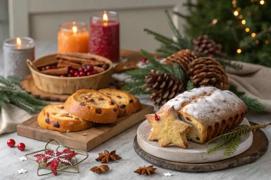 Festive Christmas breads on a holiday table with candles and decorations.