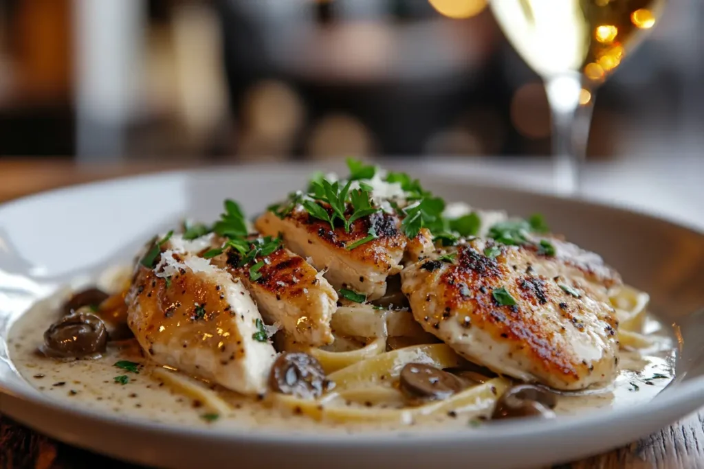 Chicken Marsala Fettuccine plated with parsley garnish and wine.