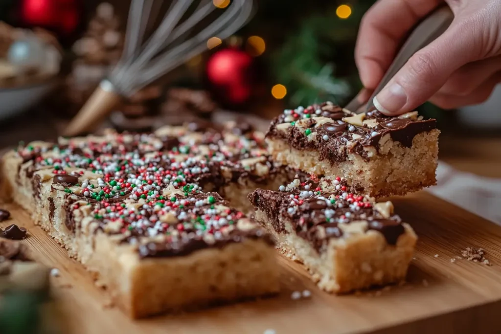 Hands slicing Christmas Cookie Bars on a cutting board