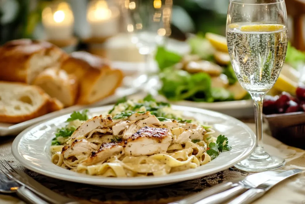 Chicken Marsala Fettuccine with side dishes and sparkling water.