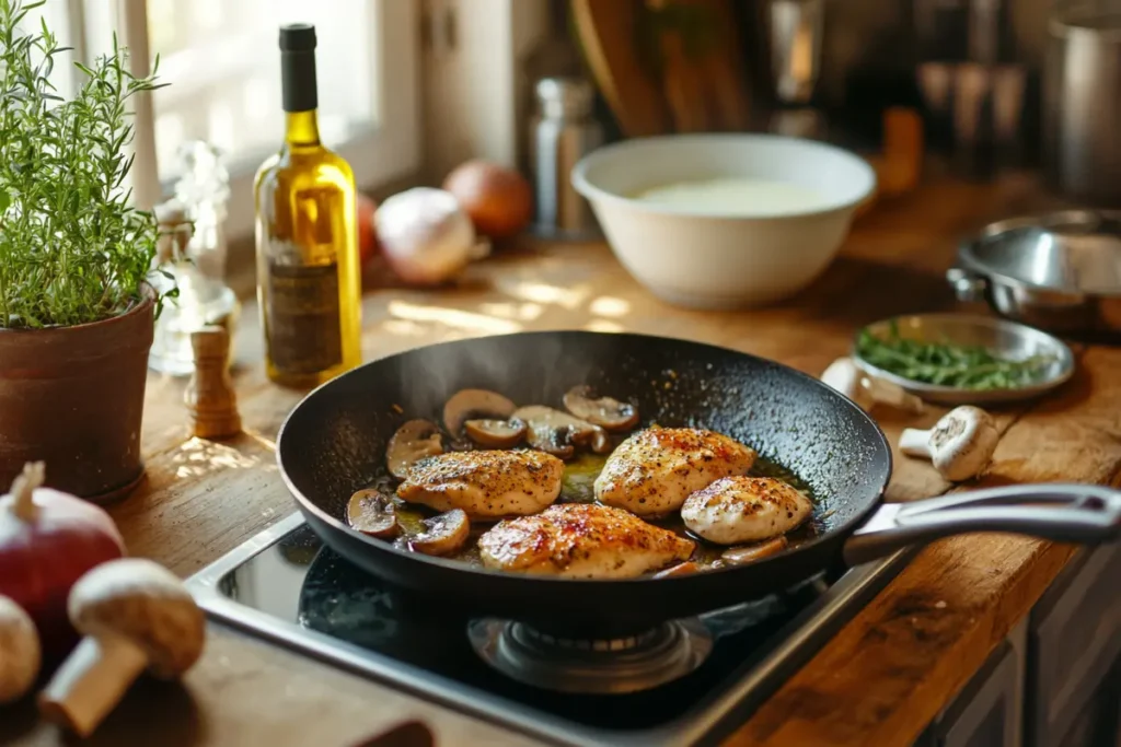 Searing chicken for Marsala sauce with fresh ingredients.