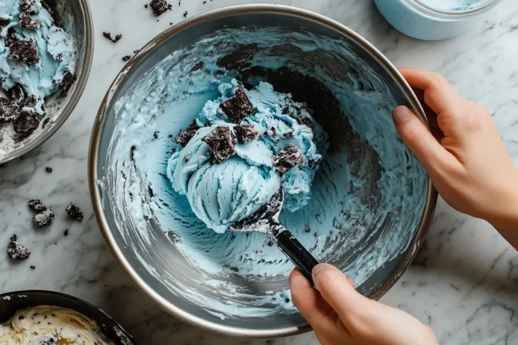 Folding cookies into blue Cookie Monster Ice Cream mixture.