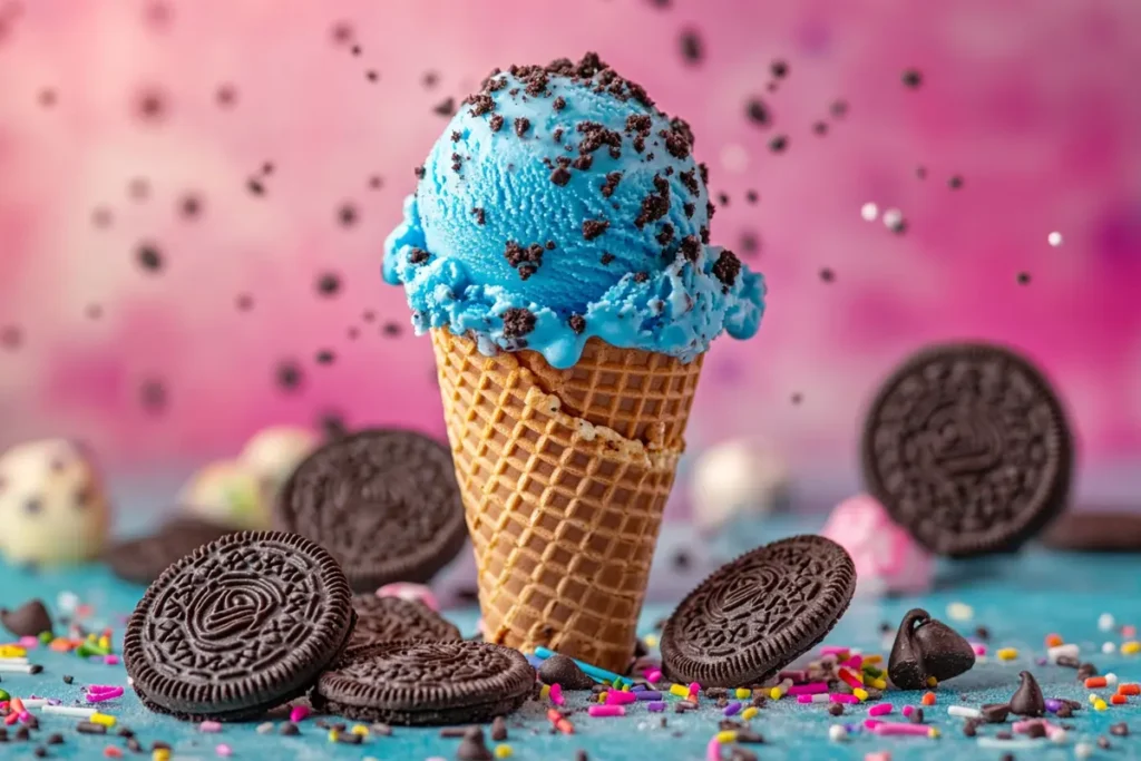 Bright blue Cookie Monster Ice Cream in a waffle cone with cookies.