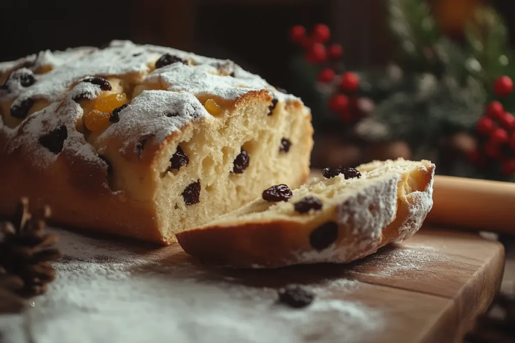 Close-up of a panettone being sliced, showing its fluffy texture and candied fruit filling.